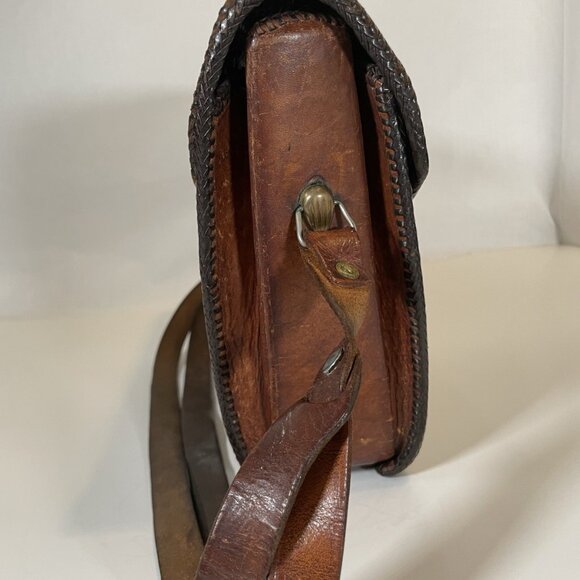 Vintage Tooled Leather Crossbody Bag Brown Boho Floral Embossed Flap Turn Lock - Picture 5 of 10